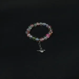 multicolor crackle glass bracelet with silver bird charm