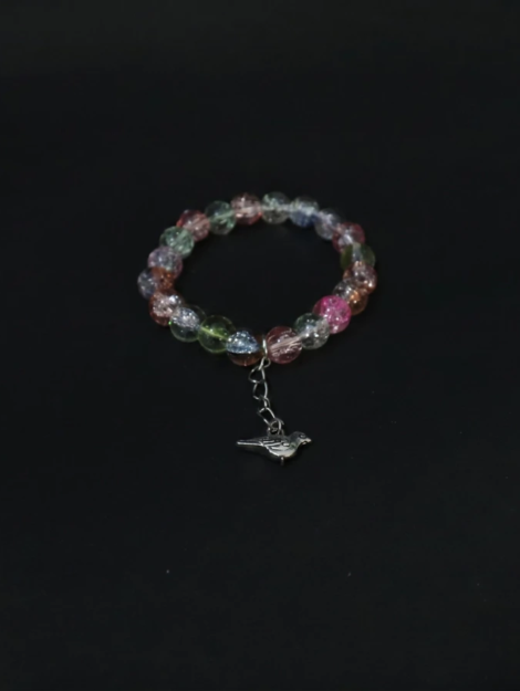 multicolor crackle glass bracelet with silver bird charm