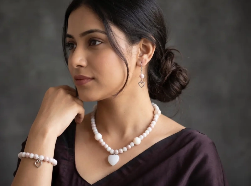 soft rose quartz heart choker & bracelet suite