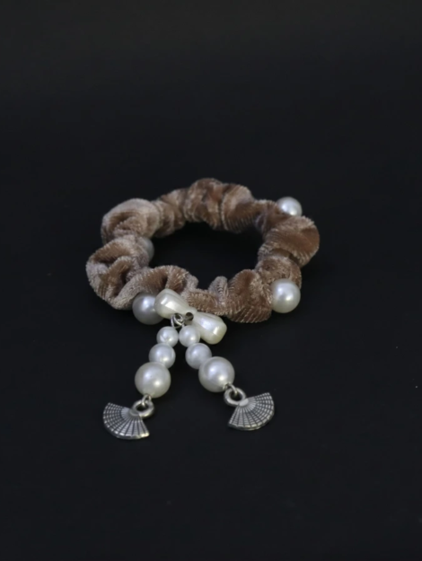 velvet pearl scrunchie bracelet with fan charms
